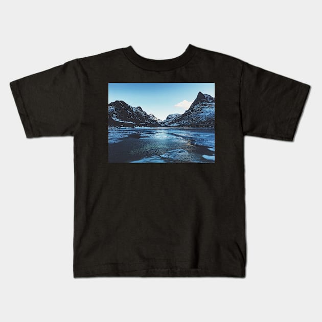 Innerdalen Lake and Mountain Range on Freezing Cold Winter Day (Norway) Kids T-Shirt by visualspectrum